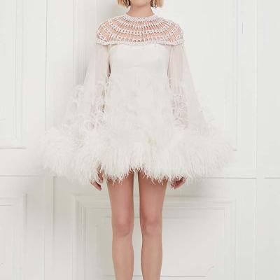 China 2022 Summer OEM Fashion O Neck Anti-Static Ostrich Feather Embellished Pearl Women Mini Dress for sale