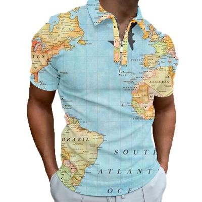 China New Anti-Wrinkle Design World Map 3D Digital Printed T-shirt Oversized Sublimation Printing Men 3d Zip Up Polo Shirt for sale