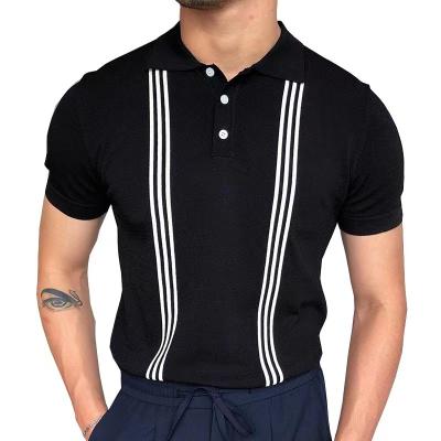 China New Arrival Anti-Wrinkle Men's Short Slim Business Knitted Polo Shirt Men Causal Black Stripe T-shirt for sale