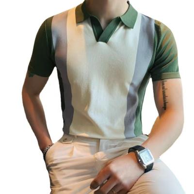 China New Arrival Men's Anti-Wrinkle Short Sleeve Green Slim Stripe Business Knitted Causal Golf Polo Shirt Men for sale