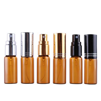 China Free Logo Cosmetic Custom Wholesale 5ml Mini Portable Brown Glass Perfume Bottle With Ring Aluminum Atomizer Empty Cosmetic Vial for sale