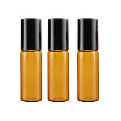 China Wholesale 5ML Cosmetic Free Logo Custom Roll On Portable Empty Amber Glass Refillable Perfume Bottle Essential Oil Case With Foil Cap for sale