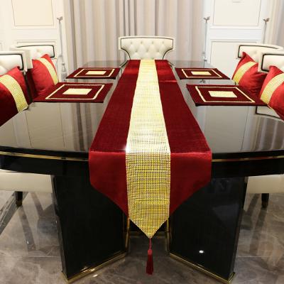 China European luxury gold rhinestone style flannel table runner luxury silk table runner place mat pillow case set for dinner table for sale