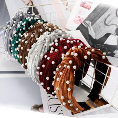 China Luxury New JK Fabric Women Hair Accessories Hair Band Fashion Velvet Crumpled Band Knot Pearl Headbands For Winter for sale