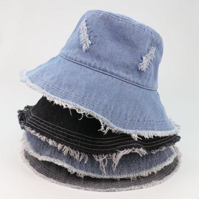 China Top Selling Distressed Wide Brim Stylish Outdoor CIS Women/Men Bucket Hats Worn Out Jean Denim Fisherman Bucket Hats Fringed For Ladies for sale