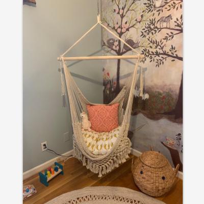 China INS Cotton Rope Woven Hammock Chair With Wooden Bar And Fringe Swing Chair Hanging Chair With Tassel Bohemian Furniture for sale