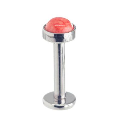 China Titanium Titanium Internally Threaded Labret ASTM F136 With Synthetic Red Coral Top Cut Cabochon Bezel Set for sale