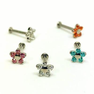 China ASTM F136 Titanium Titanium Internally Threaded Labret Stud With Fork Set 5 Petal CZ Flower Top for sale