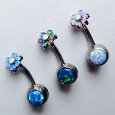 China ASTM F136 Titanium Titanium Internally Threaded Belly Ring Navel Curve Banana with Fork Set Opal Flower Top for sale