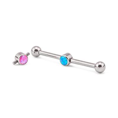 China Industrial Barbell G23 Titanium Internally Threaded Piercing With Opal Disc In The Middle Bezel-Set for sale