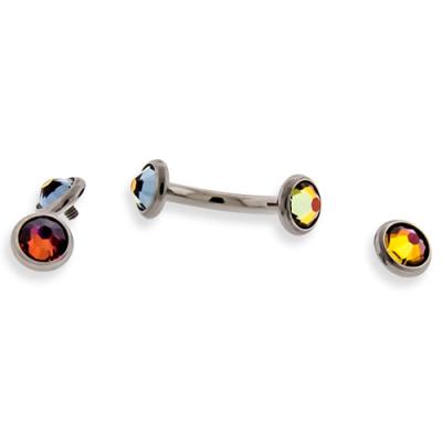 China High Titanium Polished Internally Threaded Piercing Curved Barbell With Bezel Set Crystal Gem Flat Discs for sale