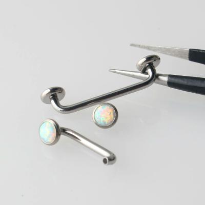 China 14G ASTM F136 Titanium Titanium Internal Threaded Perforation Around Outer Bar With Bezel Set Cabochon Opal Cab Tops for sale