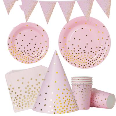 China Modern Birthday Tableware Disposable Pink Paper Party Supplies For Boys With Birthday Paper Plates Napkins Cups Tablecloth for sale