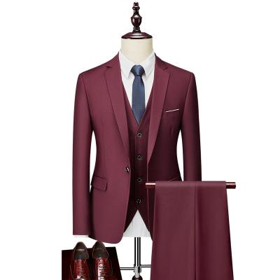 China 3Pcs/Set Fashion Groom Business Dress Anti-Shrink Wedding (Jacket+Pants+Vest) Suits Wine Red Suit For Men for sale