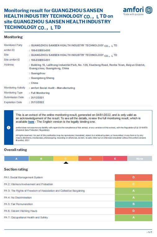 BSCI - Guangzhou Sansen Health Industry Technology Co., Ltd.