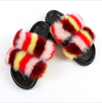 China 2021 Thick Bottom PVC Fox Heel Flat Women Fur Slippers Doubles Belt Imitation Popular Fur Slippers for sale