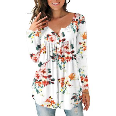 China Latest Styles Anti Shrink Ladies Tops Shirts Long Sheath Comfortable V Neck Button Printed Casual Blouse For Women for sale