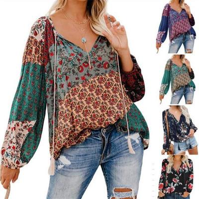 China New Autumn Drawstring Shirts Women Breathable Printed Long Sleeve Deep V Neck Loose Tops Blouse for sale