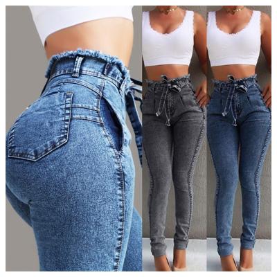 China Dirty opa de mujer denim pants women hot viable hot skinny stretch fringed belt waisted jeans high for sale