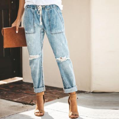 China Viable Wholesale Casual Jeans Women With Pocket Drawstring Ripped Distressed Jeans for sale