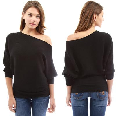 China Women Solid Anti-pilling Off Shoulder Sweater Crewneck Long Sleeve Loose Pullover Knit Jumper Pullover Blouse for sale