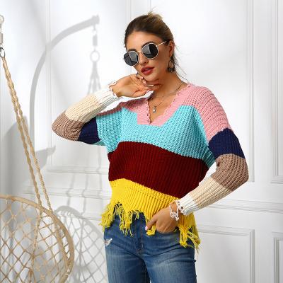 China Christmas Winter Color Block Casual Loose Warm Wholesale Anti-Shrink V-Neck Long Sleeve Knit Women Sweater for sale