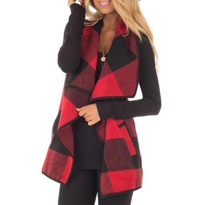 China New Fashion Women Outerwear Coat Viable Plaid Buffalo Sleeveless Pocket Cardigan for sale