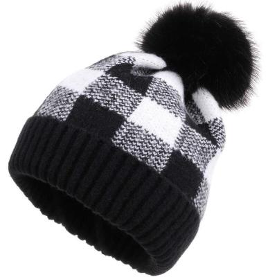 China COMMON Direct Sales Fashion Winter Rib Slouchy Beanie Plaid Hat Warm With Fur Pom Pom Women Knitted Winter Hat for sale