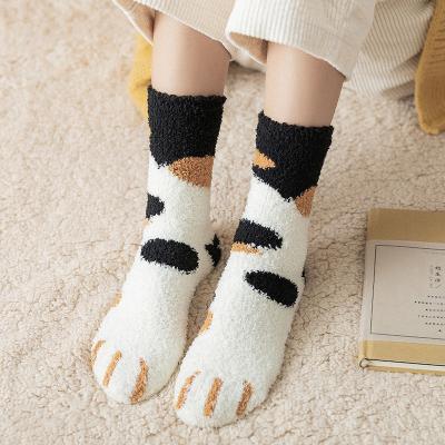 China 2022 New Cotton Women's Cute Cat's Claw Striped Plus Velvet Fleece Thick Warm Coral Socks for sale