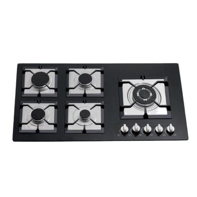 China Hotel Newly Cast Iron Backing Gas Hob With 5 Burner Glass Top for sale