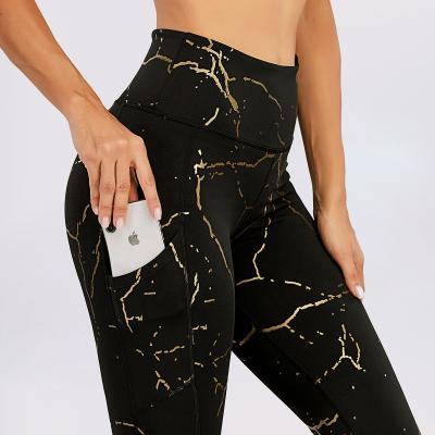 China Custom Viable Logo Sports Activewear GYM Women Fitness Clothing XL Gold Viable Stamp Printing Yoga Marble Pants for sale