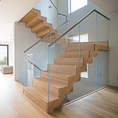 China Contemporary Indoor Home Glass Fencing Wooden Staircase Zigzag Stringer Timber Staircase for sale