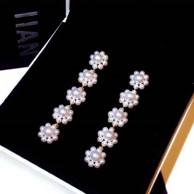 China New Design Fashion 925 Sterling Silver TRENDY Beauty Long Pearl Flower Drop Stud Earrings Jewelry WomenE002337 Needle Statement Earrings for sale