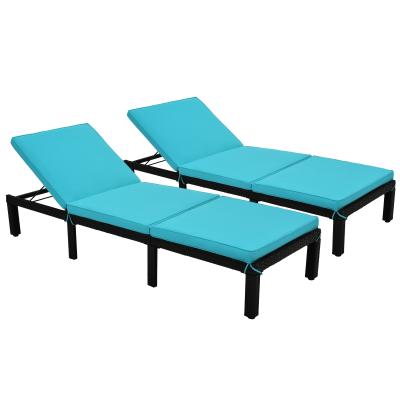 China Outdoor Adjustable Blue Rattan Chaise Lounge Chair Sunbed Wicker Cushion PE Cushion Modern Patio Furniture 2-Set for sale