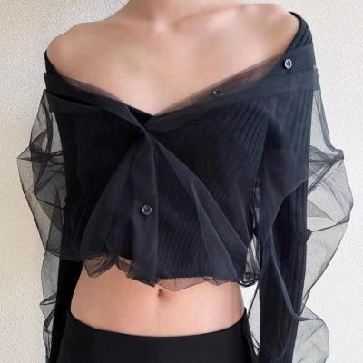 China Black Mesh Patchwork Sleeve Top Women Long Sleeve Streetwear Faux V-Neck Two Piece Blouse for sale