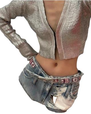 China Fashion Y2k Breathable Sexy Silver Cardigan Long Sleeve Ribbed Knitted Cropped Sweater For Women Party Club Streetwear for sale