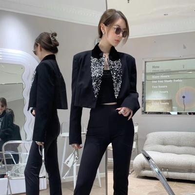 China Anti-wrinkle spring autumn 2023 jacket women new short coat casual loose jacket fashion sequins long sleeve top patchwork suit slim coat for sale