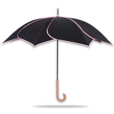 China J-Shape Petal Style Straight Umbrella Rain Handle Artistic Unique Fashionable Wooden Umbrella Umbrella Anti-UV For Gift for sale