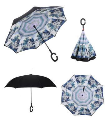 China All In 1 Nice Pattern Double Layer Car Umbrella Cheap Upside Down Inverted Reverse Sunshade C-handle Umbrella For Travel for sale