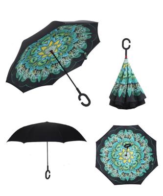 China All In 1 Flower Pattern Double Layer Umbrella Low Price Reverse Inverted Reverse Pattern Car Umbrella Reversible for sale