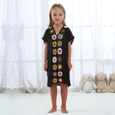 China Girls Beach Wear Breathable Bikini Cover Up Seaside Sleeved Short Skirt Girls Interesting Dress Children Hand-Made Flower Mosaic Wear Nice Sea Wear for sale