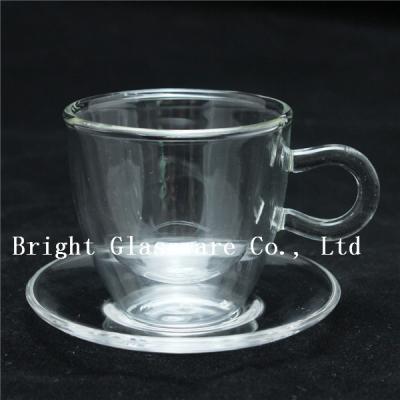 China clear double wall thermo glasses, double wall coffee glass, tea set glass with saucer for sale