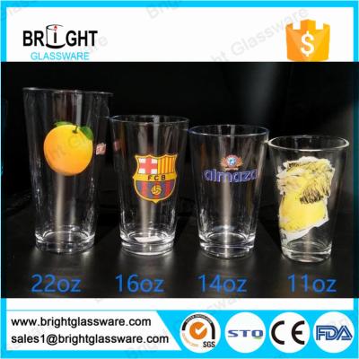 China clear 22oz 16oz 14oz 11oz water glass tumbler with customized decal logo for sale