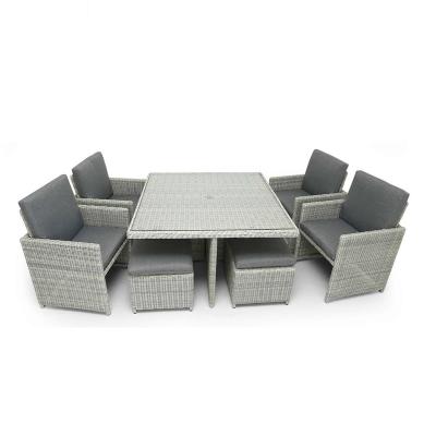 China Modern Dark Brown Rattan Cube Garden Furniture 9 Piece Garden Furniture Sets Table And Rattan Chairs for sale