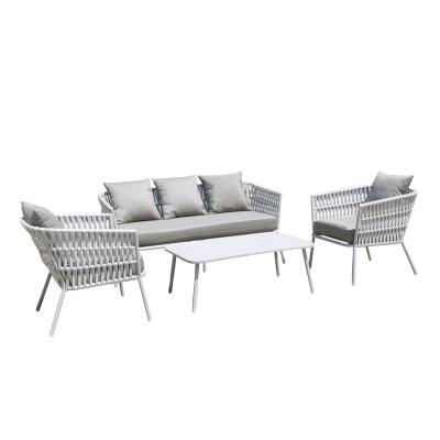 China Modern Luxury White Outdoor Patio Furniture 4 Pcs Aluminum Polyester Woven Stock Rope Chair Sofa Set RTS for sale