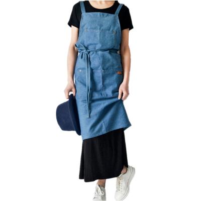 China Quick Return Shipping Cross Apron Cotton Denim Lattice Kitchen Cleaning Apron With Pockets For Women Men for sale