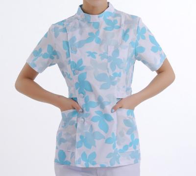 China Fashion Women's Hospital Uniform Stand Collar Short Sleeve Printed Scrub Tops Clinic Slim Fit Workwear for sale