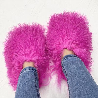 China Fashion Trend Women Fur Slippers Comfy Luxury Shoe Manufacturer Sheepskin Fur Flat Shoes Mongolian Fluffy Slippers Fur Slides for sale