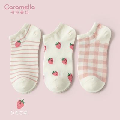 China Anti-slip Caramella women ladies strawberry fruit patterned no show ankle cotton thongs low briefs socks 3pairs for sale