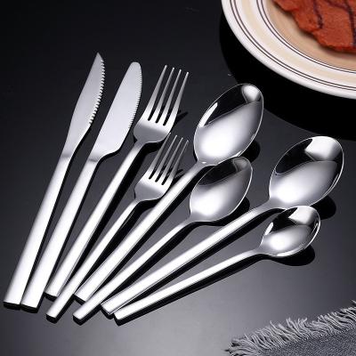 China Simple Viable Model Square Handle Silver Spoon Stainless Steel Cutlery Restaurant Hotel Silverware Spoons and Forks Set Flatware Sets for sale